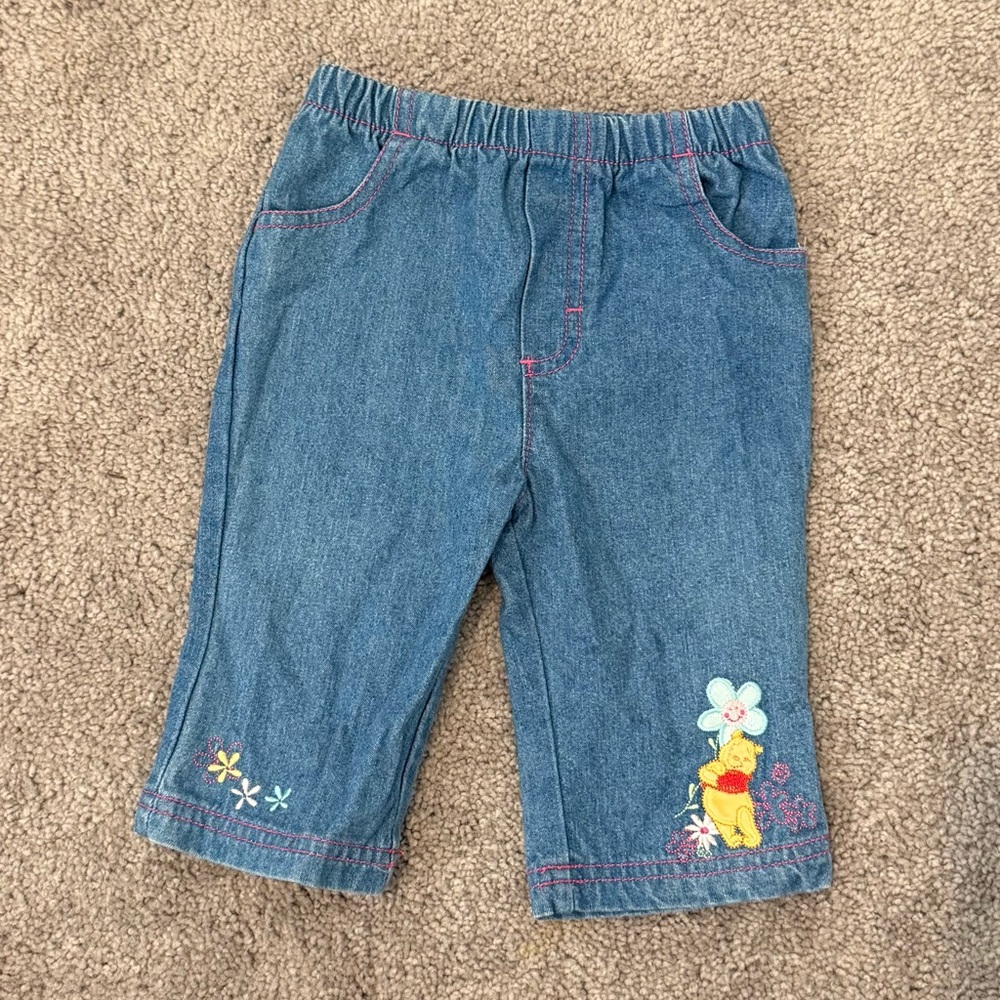 Disney Winnie the Pooh Denim Pants with Floral Embroidery 3-6 months Vintage